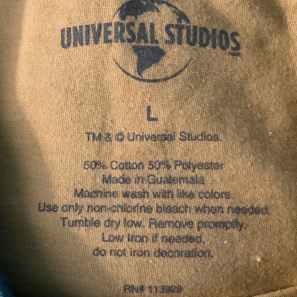 Unisex Universial Studio T-Shirt Beige/Mustard Green Collar and Sleeve Hem Sz L - Picture 7 of 7